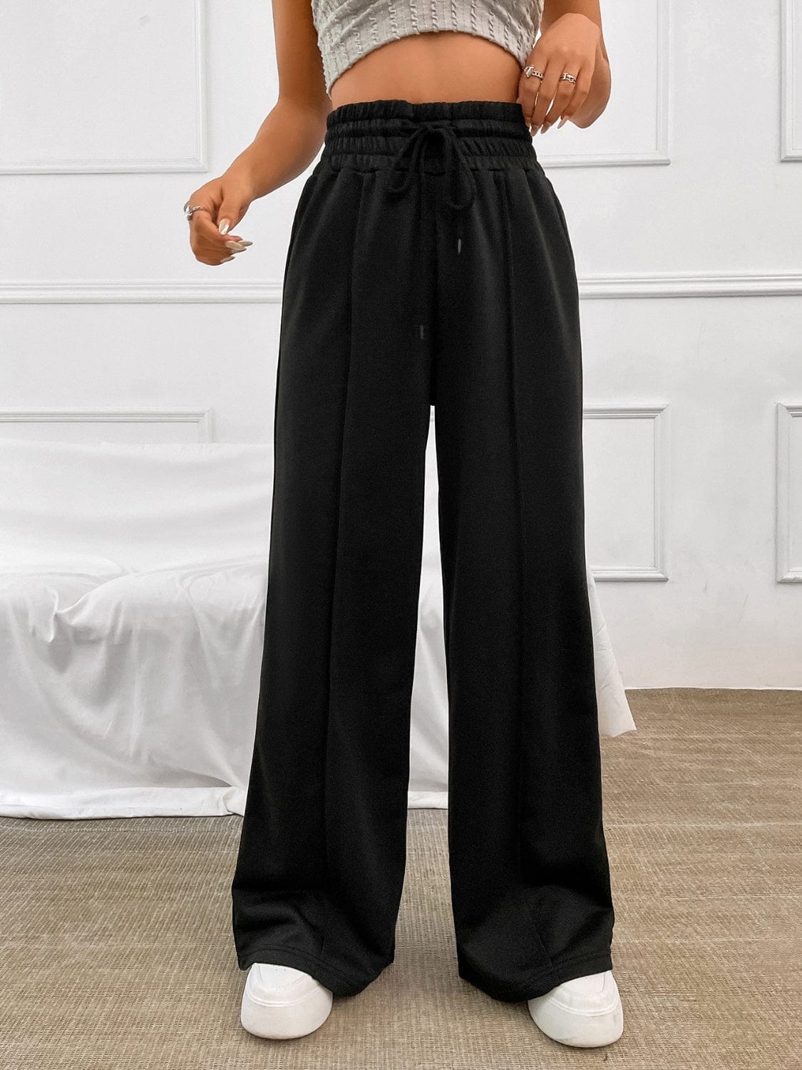 Honey Drawstring Elastic Waist Wide Leg Pants - Trendsi