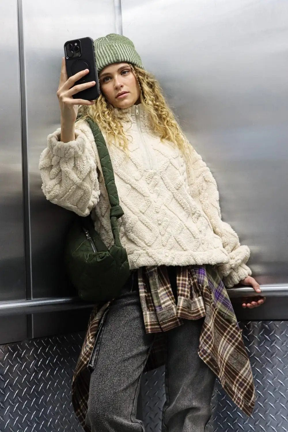 VERY J Fuzzy Fleece Half Zip Cable Pattern Sweatshirt - Trendsi