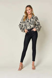 Double Take Full Size Printed Ruffle Trim Balloon Sleeve Shirt - Trendsi - Flyclothing LLC