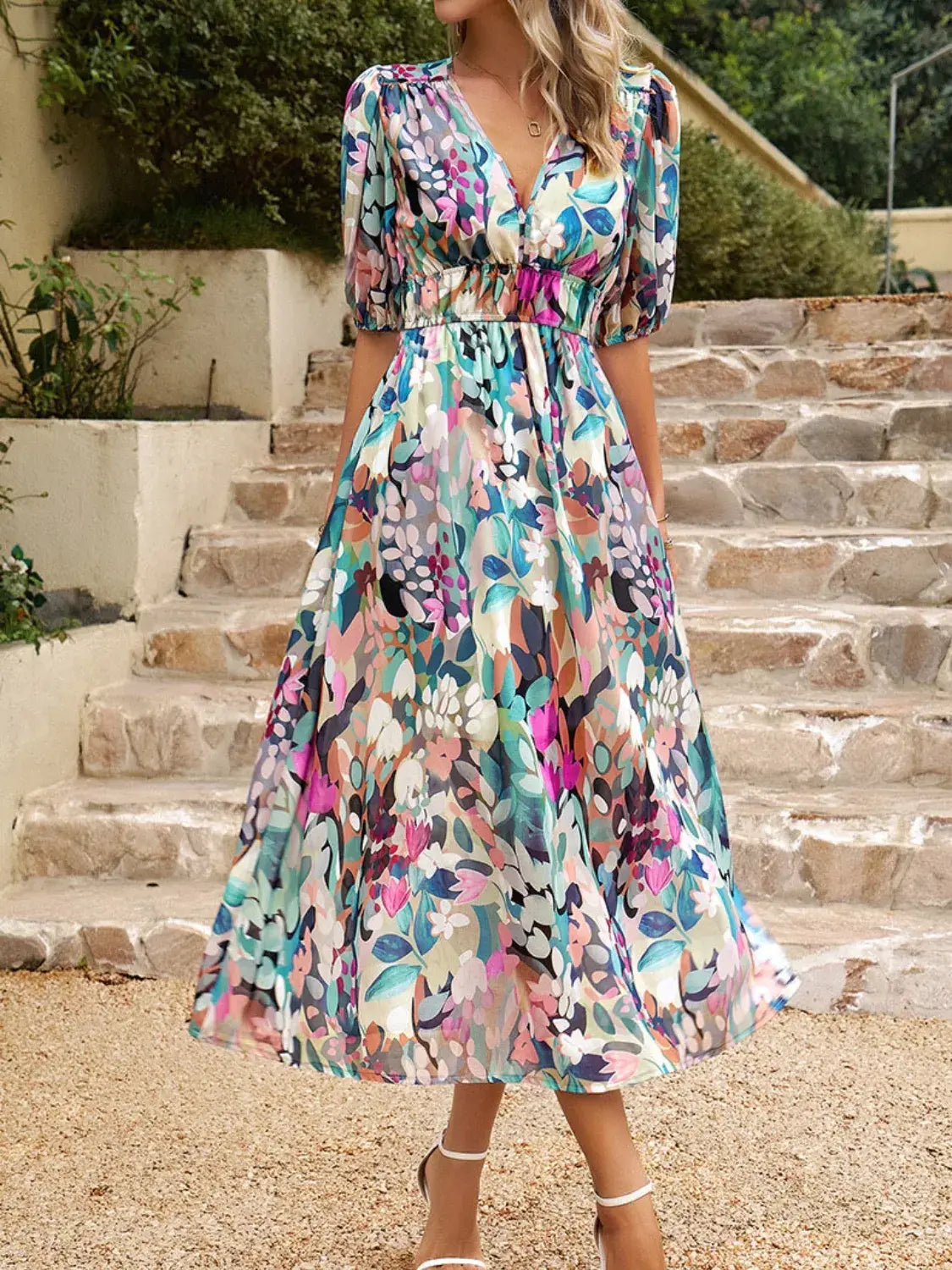Printed Puff Sleeve Midi Dress - Trendsi - Flyclothing LLC