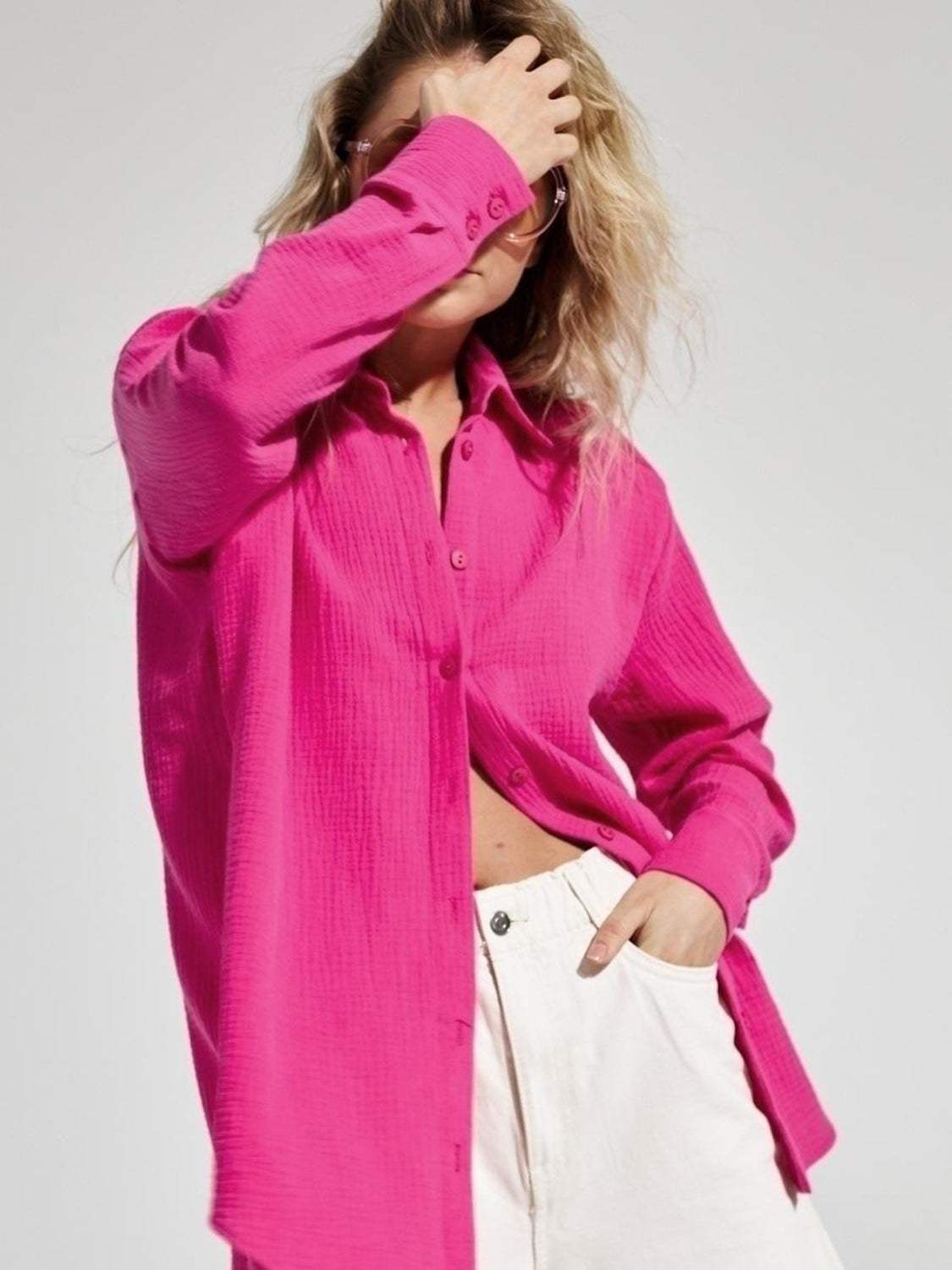 Textured Collared Neck Long Sleeve Shirt - Trendsi - Flyclothing LLC