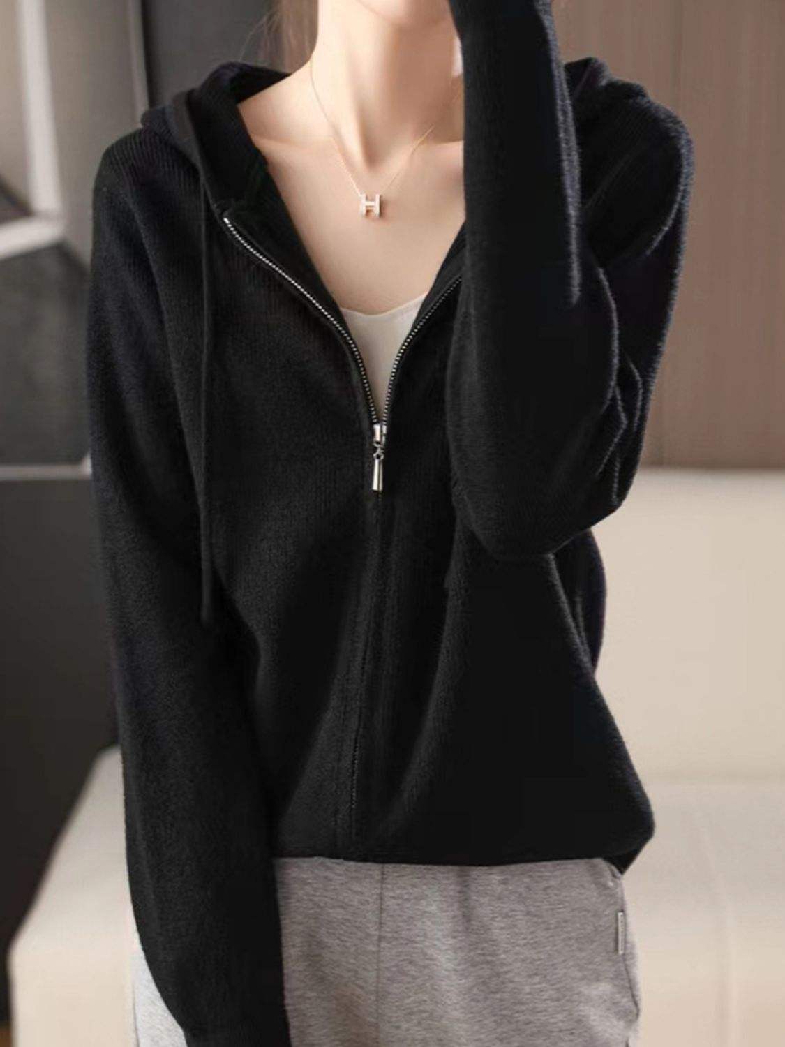 Drawstring Zip Up Long Sleeve Hooded Sweater - Trendsi - Flyclothing LLC
