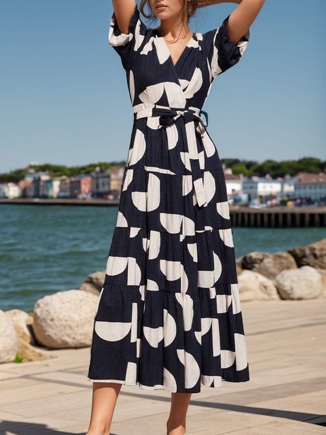 Tied Slit Printed Half Sleeve Midi Dress - Trendsi - Flyclothing LLC