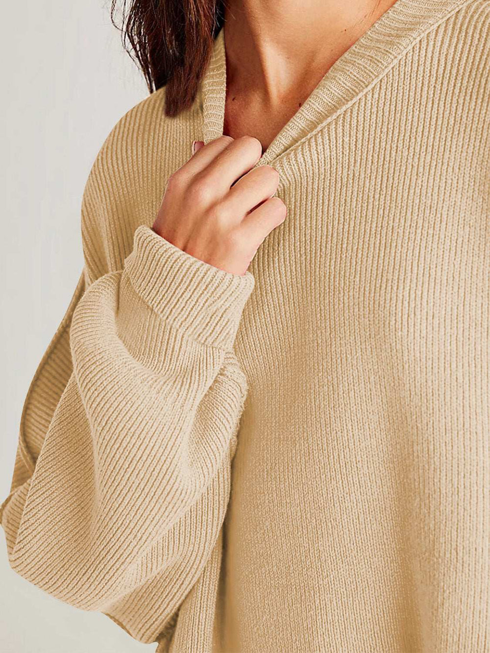 Double Take Side Slit Round Neck Long Sleeve Sweater - Trendsi - Flyclothing LLC