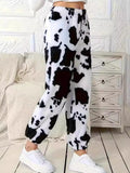 Fuzzy Cow Print Elastic Waist Pants - Trendsi