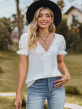 Lace Detail V-Neck Flounce Sleeve Blouse - Trendsi