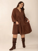 Plus Size Tie Neck Balloon Sleeve Tiered Dress - Trendsi - Flyclothing LLC
