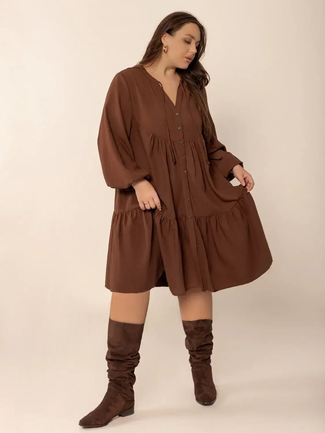 Plus Size Tie Neck Balloon Sleeve Tiered Dress - Trendsi - Flyclothing LLC