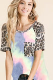 BiBi Tie Dye Knit Top with Leopard Raglan Sleeves - Trendsi