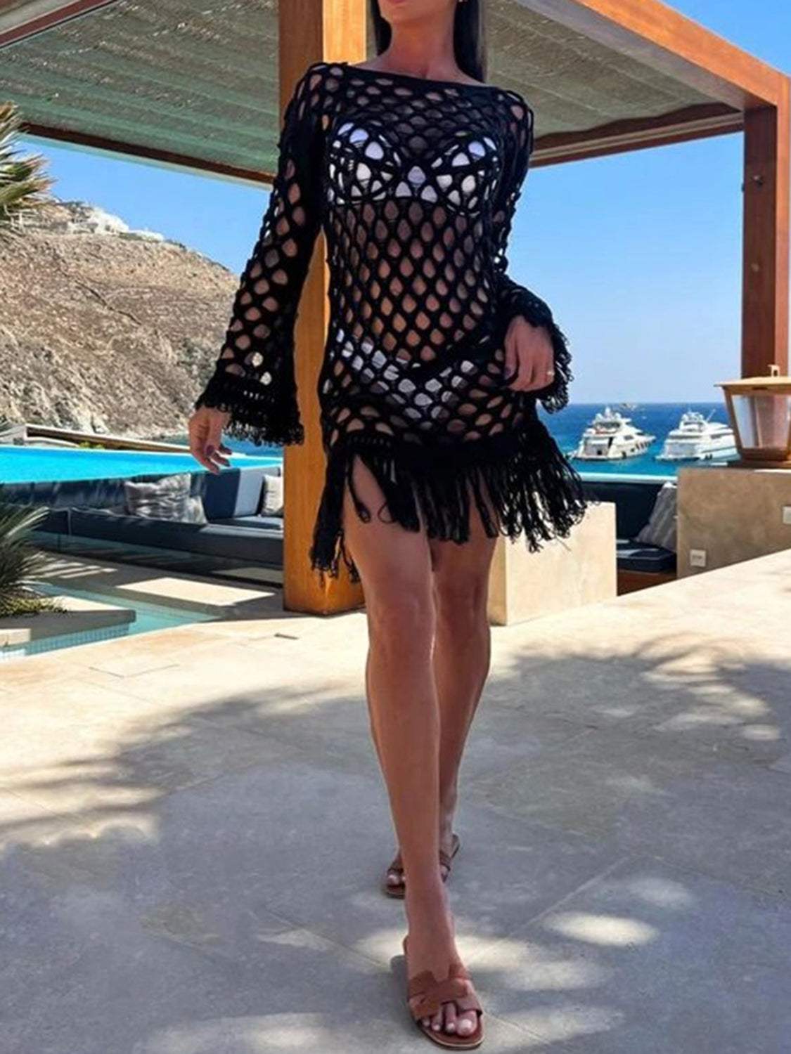 Fringe Cutout Long Sleeve Cover Up - Trendsi - Flyclothing LLC