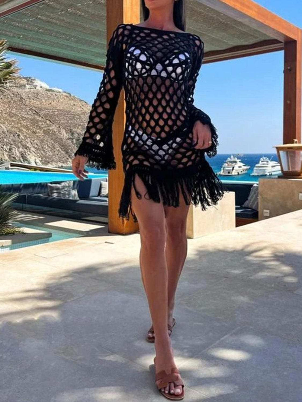 Fringe Cutout Long Sleeve Cover Up - Trendsi - Flyclothing LLC