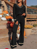 Perfee V-Neck Long Sleeve Top and Pants Set - Trendsi