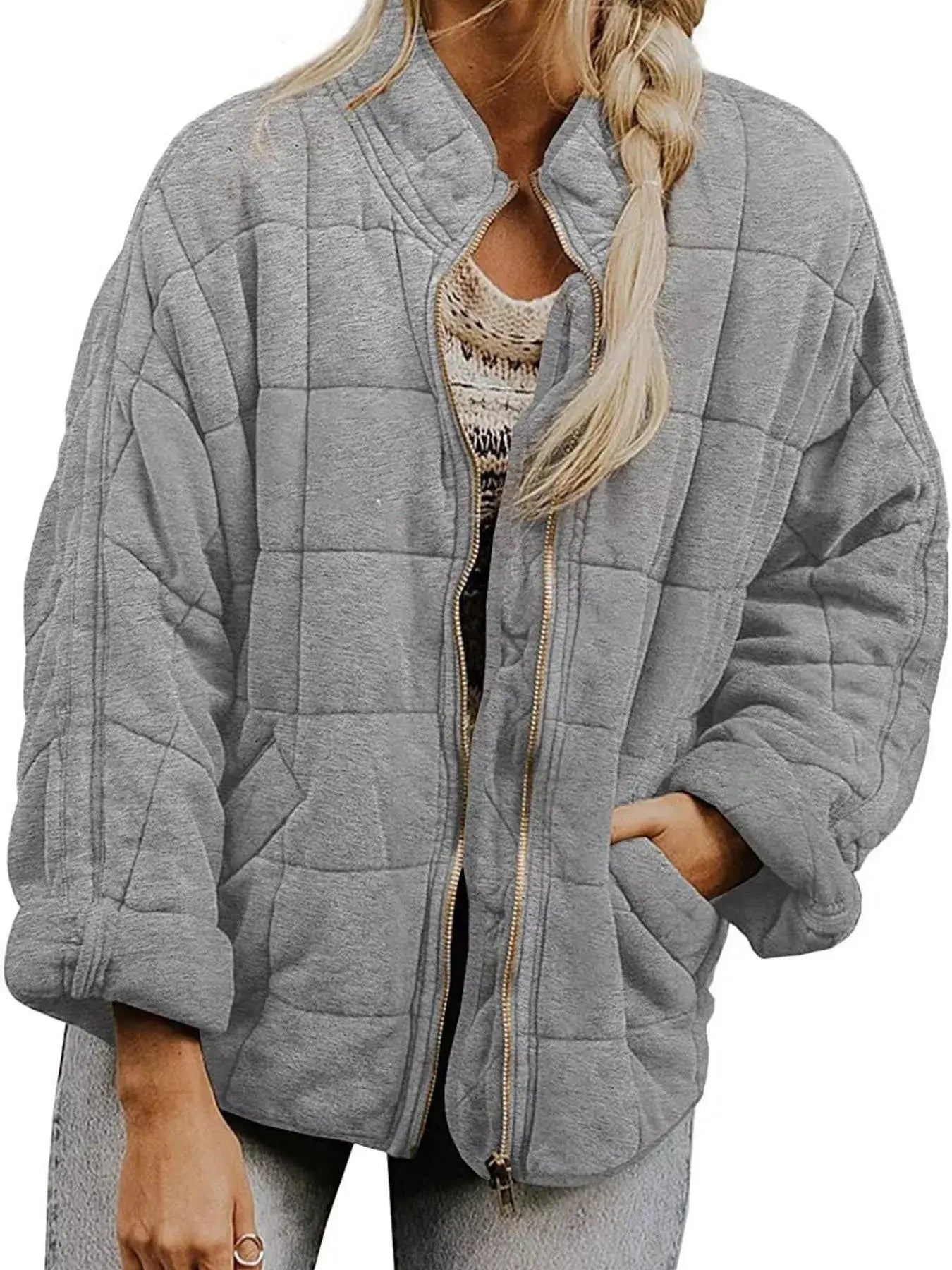 Full Size Zip Up Quilted Bomber Jacket Plus Size - Trendsi - Flyclothing LLC