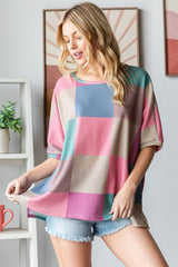 HOPELY Full Size Checkered Round Neck Side Slit T-Shirt - Trendsi