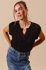 SO ME Notched Neck Cable Knit Sweater Vest - Trendsi - Flyclothing LLC