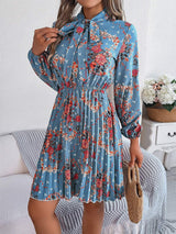 Pleated Printed Tie Neck Long Sleeve Dress - Trendsi - Flyclothing LLC