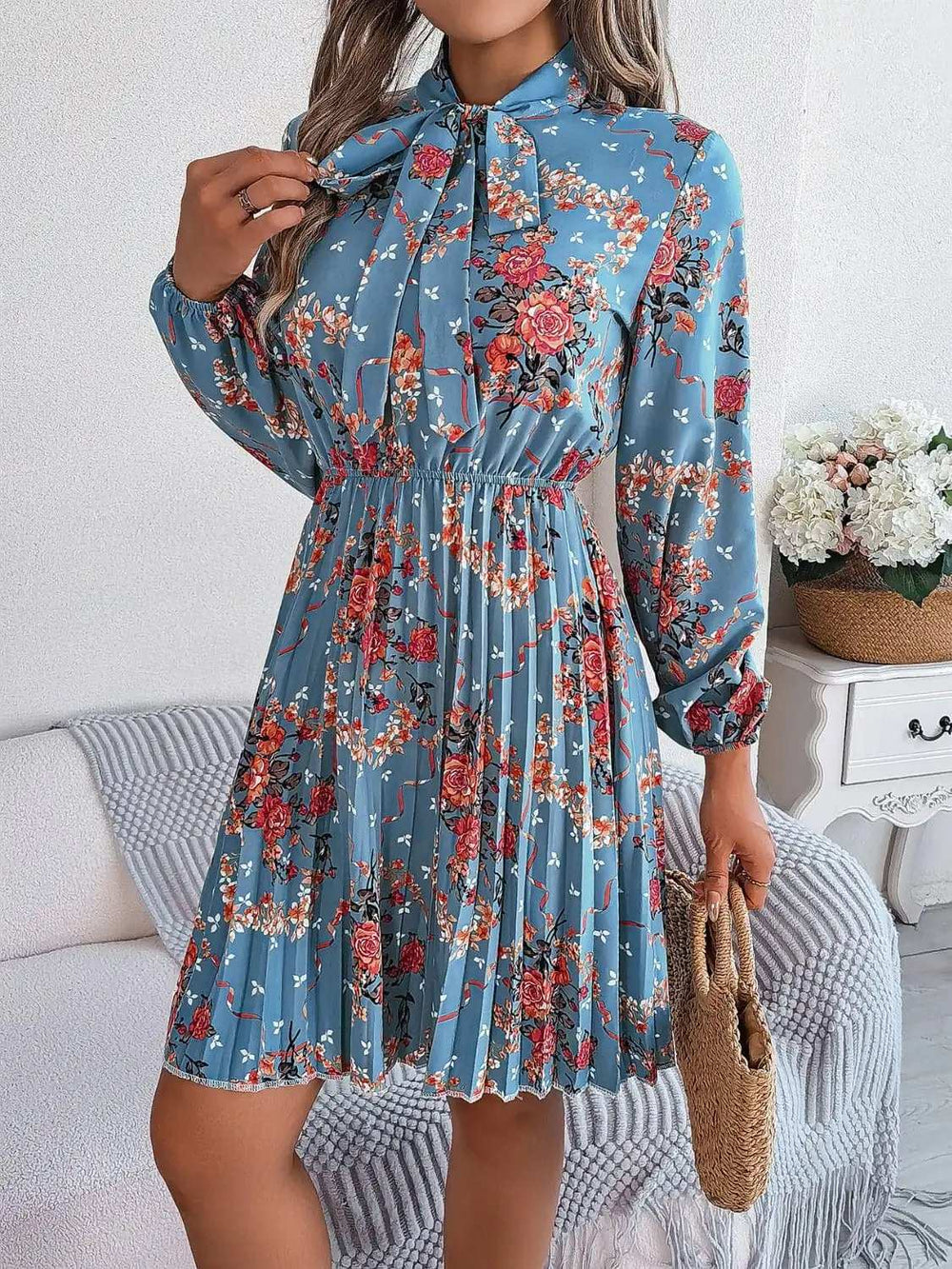 Pleated Printed Tie Neck Long Sleeve Dress - Trendsi - Flyclothing LLC