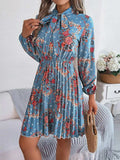 Pleated Printed Tie Neck Long Sleeve Dress - Trendsi - Flyclothing LLC