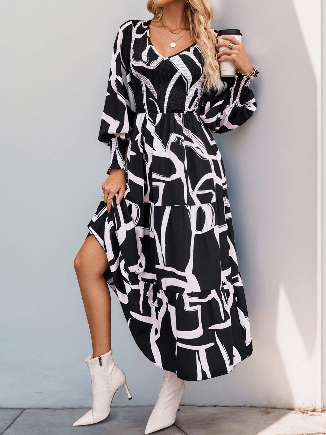 Perfee Smocked Printed Long Sleeve Midi Dress - Trendsi - Flyclothing LLC