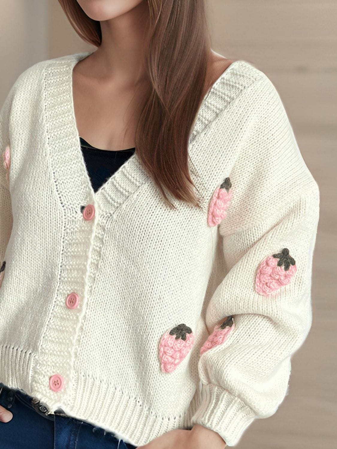 Crochet Strawberry V-Neck Long Sleeve Cardigan - Trendsi