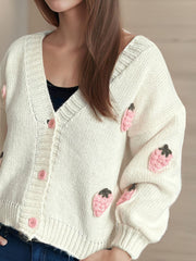Crochet Strawberry V-Neck Long Sleeve Cardigan - Trendsi