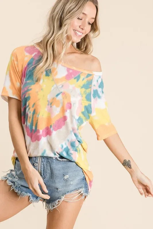 BiBi Tie Dye Print Short Sleeve T-Shirt with Raglan Sleeves - Trendsi - Flyclothing LLC