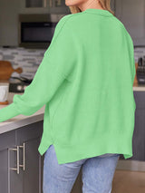 Slit Round Neck Dropped Shoulder Sweater - Trendsi - Flyclothing LLC