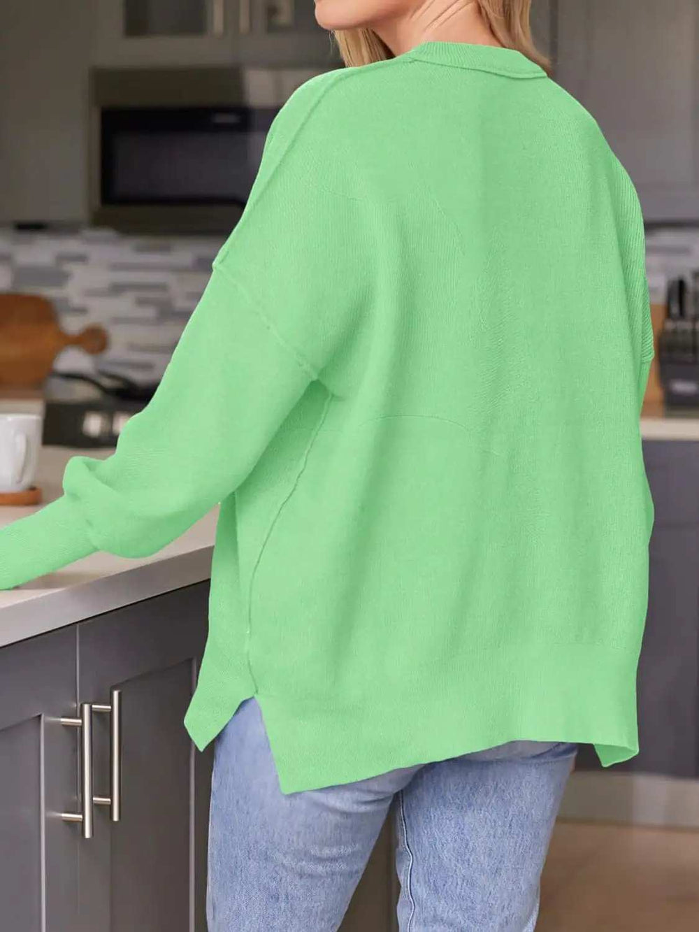 Slit Round Neck Dropped Shoulder Sweater - Trendsi - Flyclothing LLC