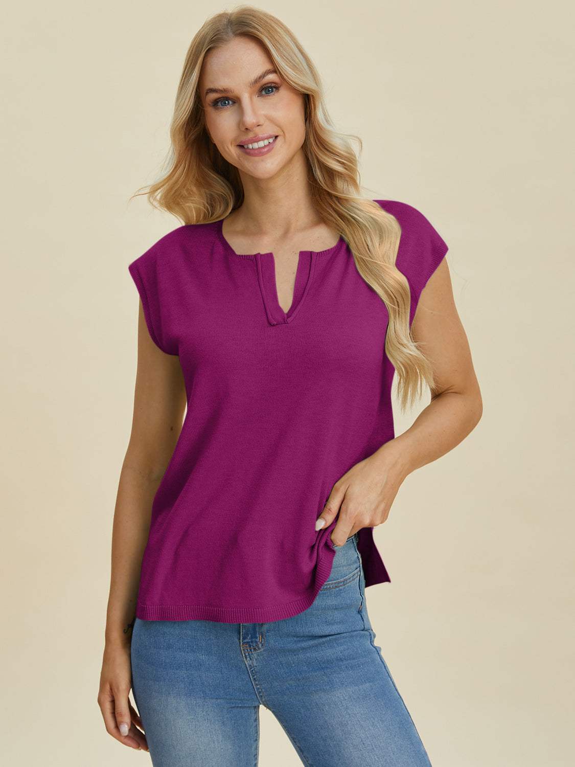 Double Take Full Size Notched Cap Sleeve Knit Top - Trendsi - Flyclothing LLC