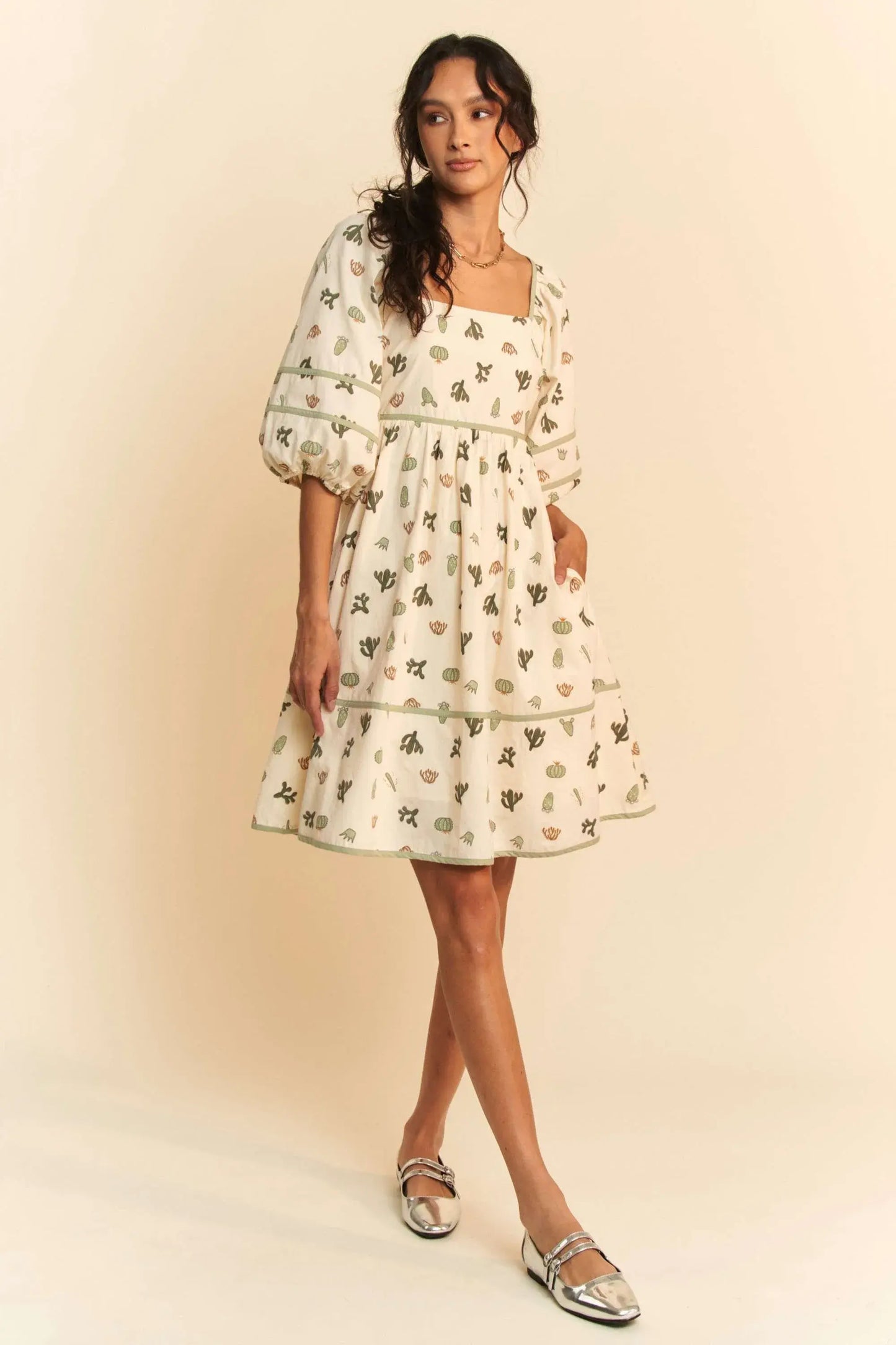 Davi & Dani Cactus Printed Poplin Contrast Piping Mini Dress - Trendsi - Flyclothing LLC