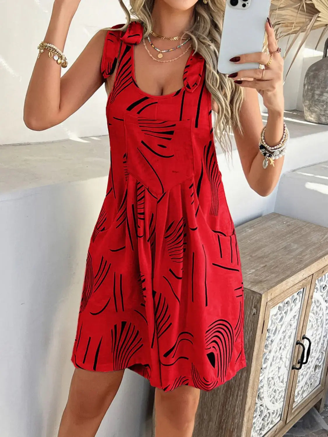 Devine Printed Tie Shoulder Overalls with Pockets - Trendsi - Flyclothing LLC