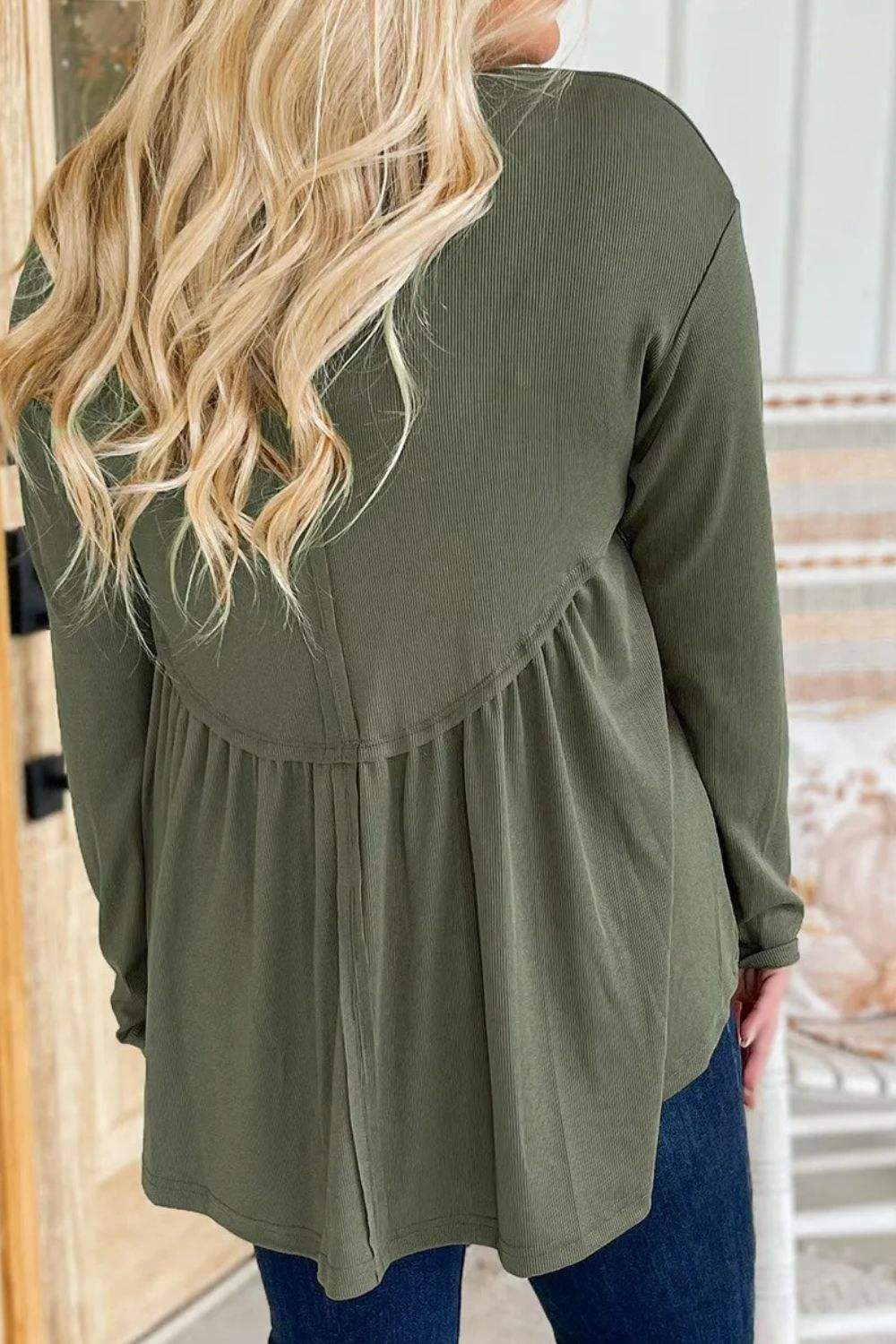 Plus Size Peplum Round Neck Long Sleeve Blouse - Trendsi - Flyclothing LLC