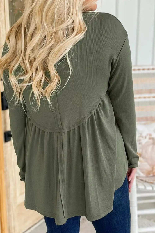 Plus Size Peplum Round Neck Long Sleeve Blouse - Trendsi - Flyclothing LLC