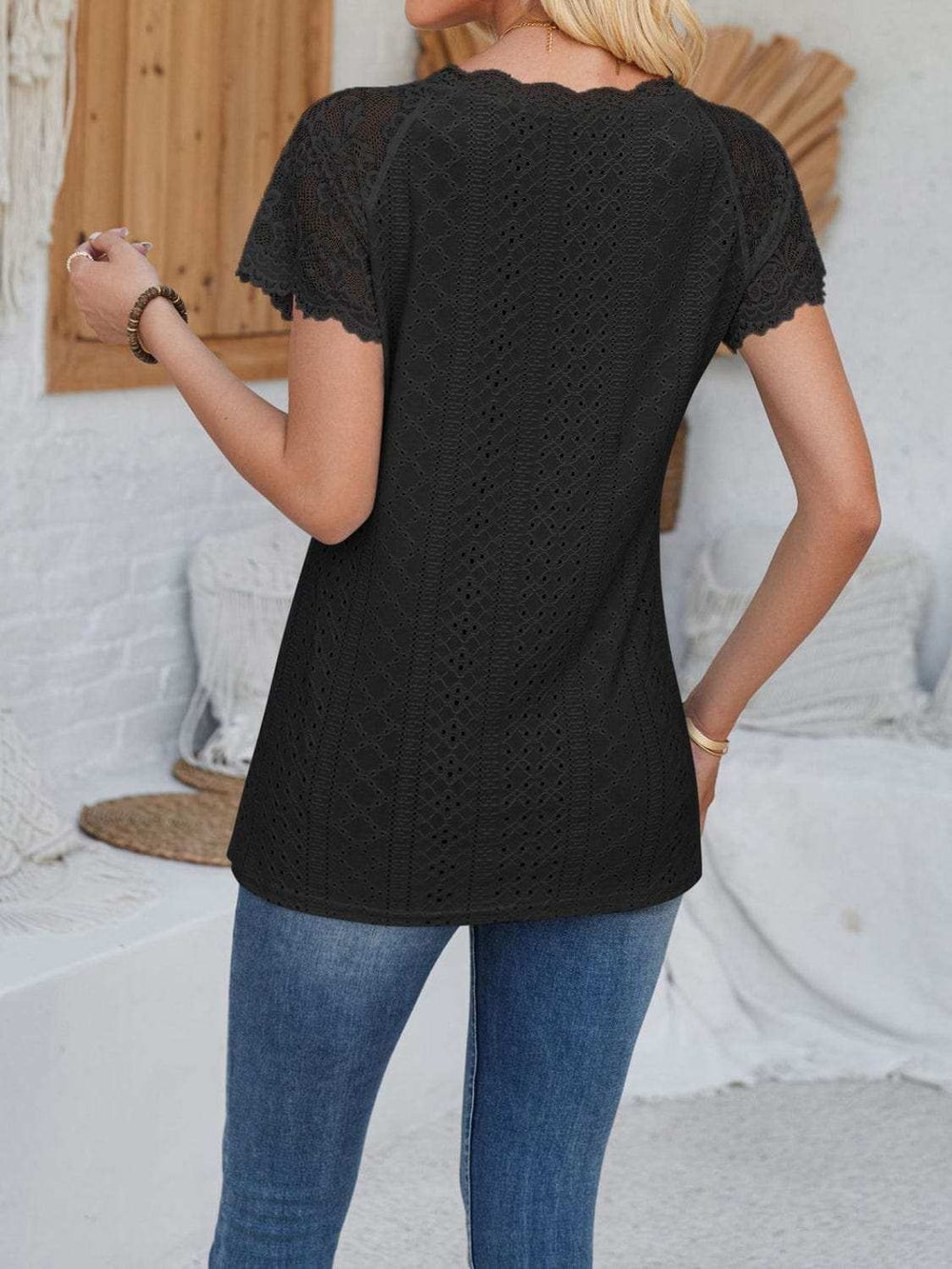 Eyelet Lace Detail V-Neck Short Sleeve Top - Trendsi - Flyclothing LLC