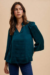 Annie Wear Satin Notched Three-Quarter Sleeve Blouse - Trendsi - Flyclothing LLC