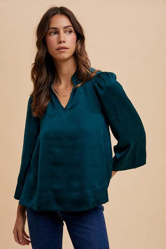 Annie Wear Satin Notched Three-Quarter Sleeve Blouse - Trendsi - Flyclothing LLC