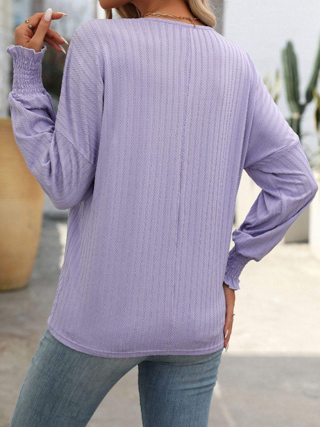 Textured Notched Lantern Sleeve T-Shirt - Trendsi - Flyclothing LLC