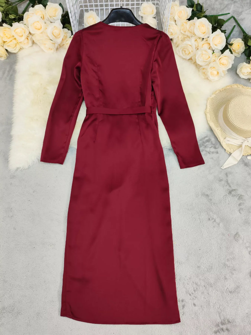 Surplice Satin Long Sleeve Dress - Trendsi - Flyclothing LLC