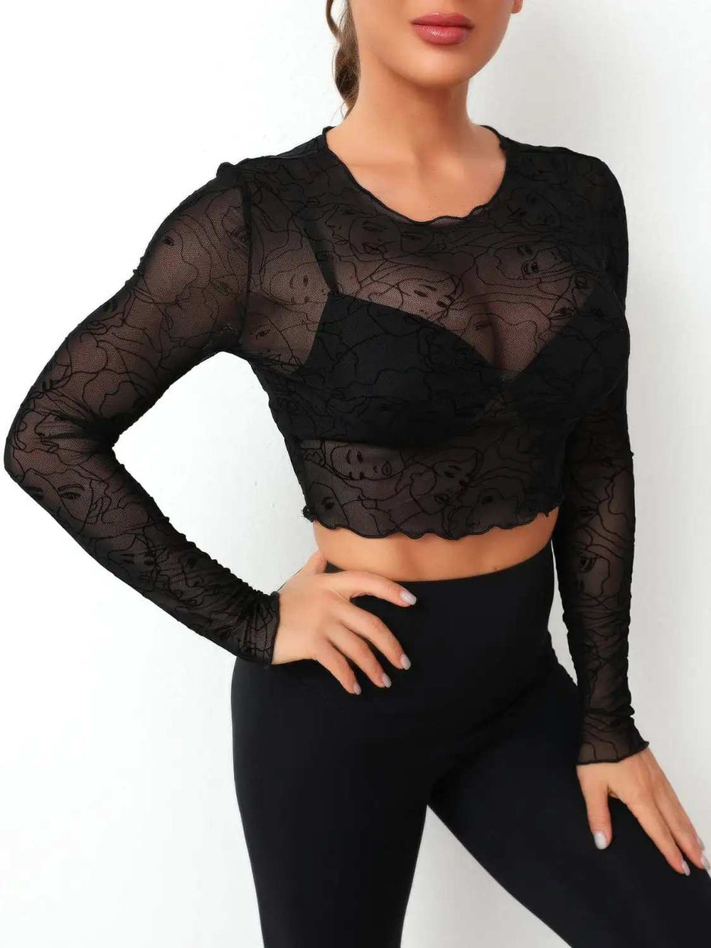 Round Neck Long Sleeve Sheer Top - Trendsi - Flyclothing LLC