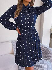 Polka Dot Tie Neck Pleated Dress - Trendsi
