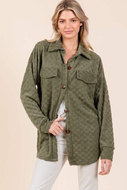 BOMBOM Checkered Button Down Dropped Shoulder Shacket - Trendsi - Flyclothing LLC