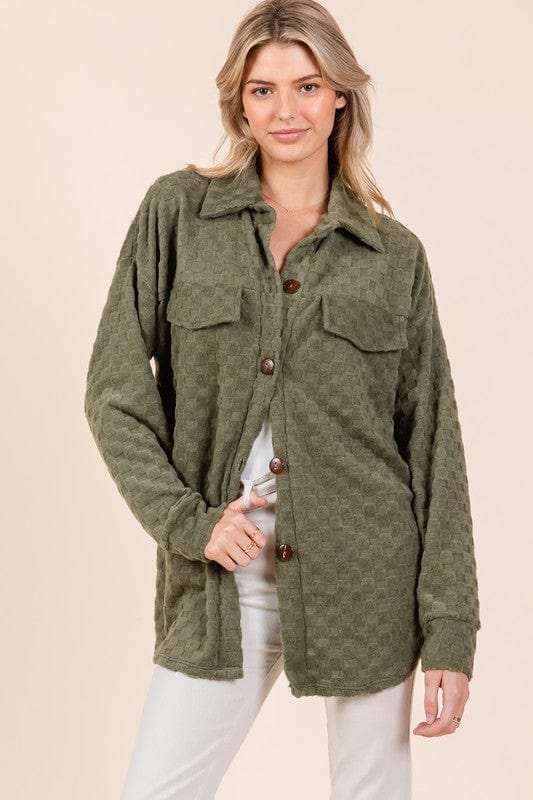 BOMBOM Checkered Button Down Dropped Shoulder Shacket - Trendsi - Flyclothing LLC