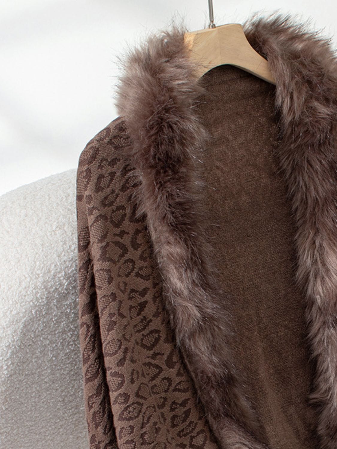 Fringe Leopard Open Front Long Sleeve Poncho - Trendsi