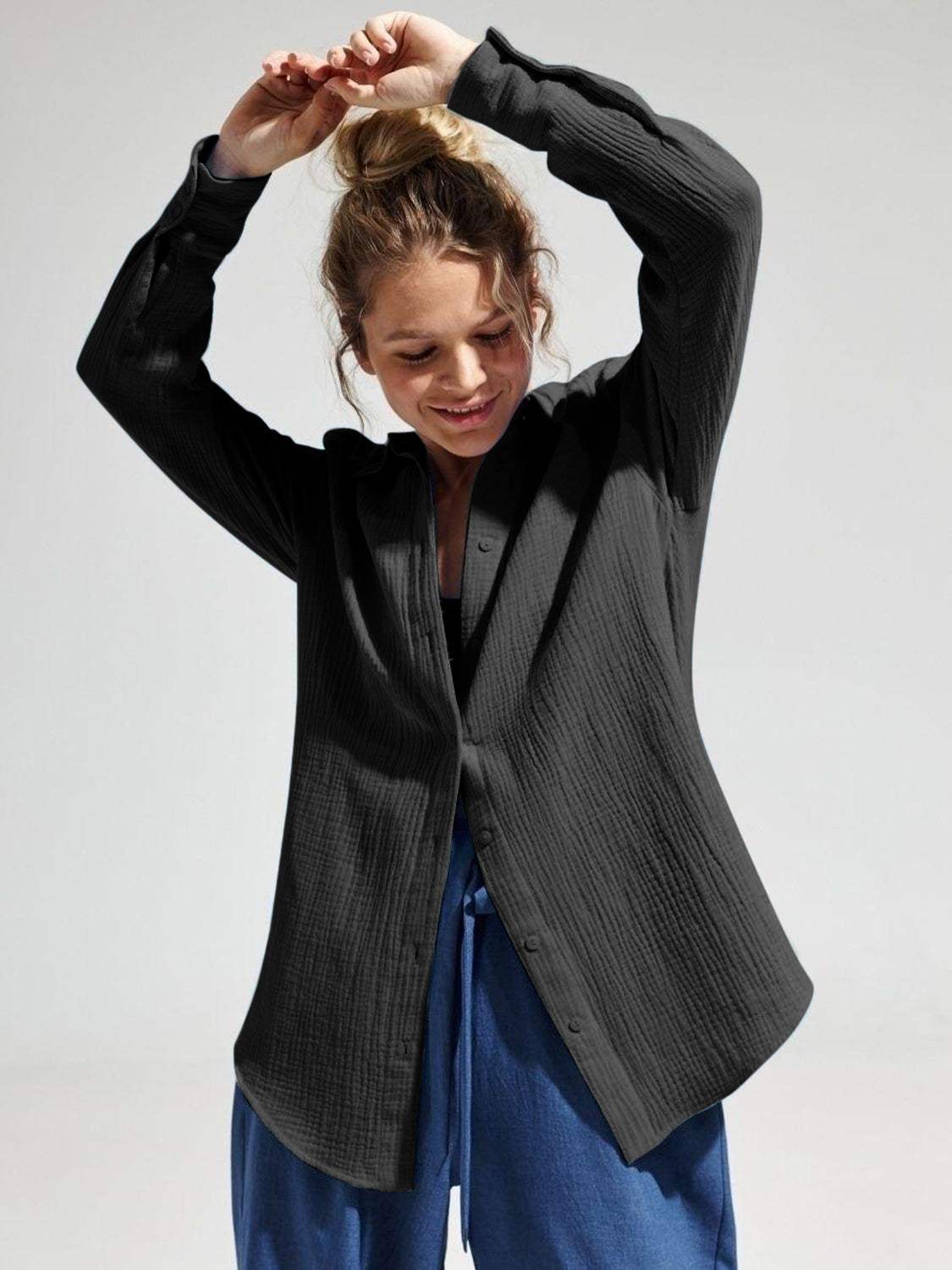 Textured Collared Neck Long Sleeve Shirt - Trendsi - Flyclothing LLC