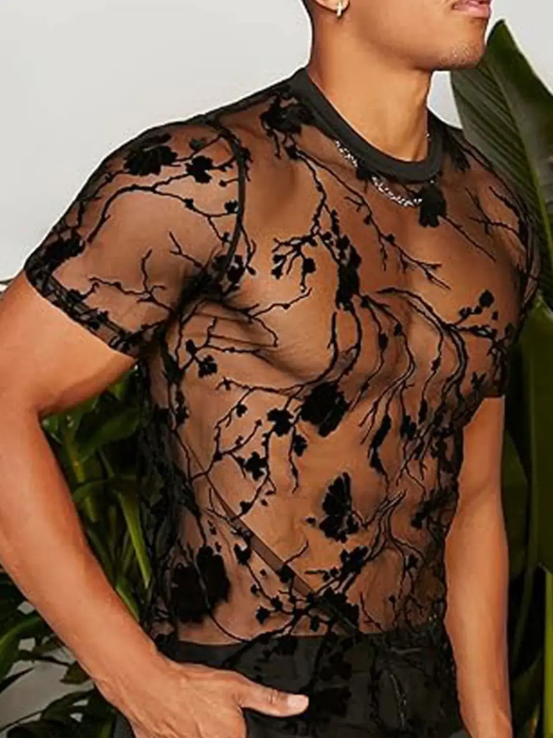 Men's Full Size Round Neck Short Sleeve Sheer Top Plus Size - Trendsi - Flyclothing LLC