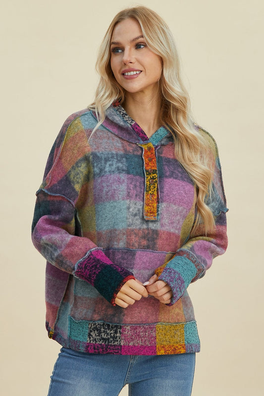 Double Take Full Size Plaid Dropped Shoulder Hoodie - Trendsi