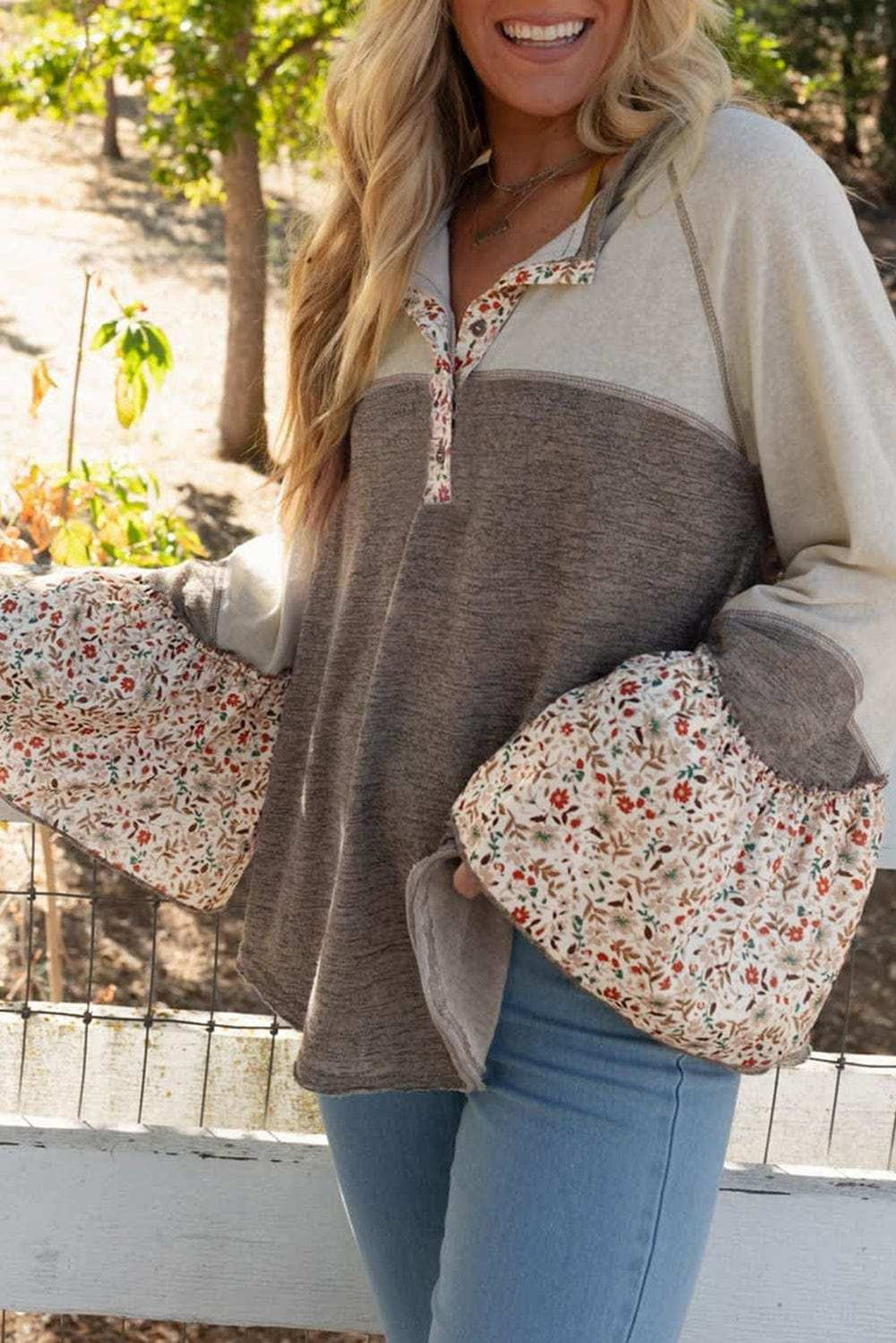 Floral Half Button Long Sleeve T-Shirt - Trendsi - Flyclothing LLC
