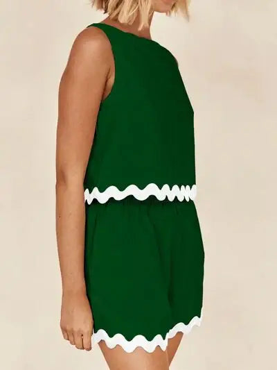 Contrast Trim Round Neck Tank and Shorts Set - Trendsi - Flyclothing LLC