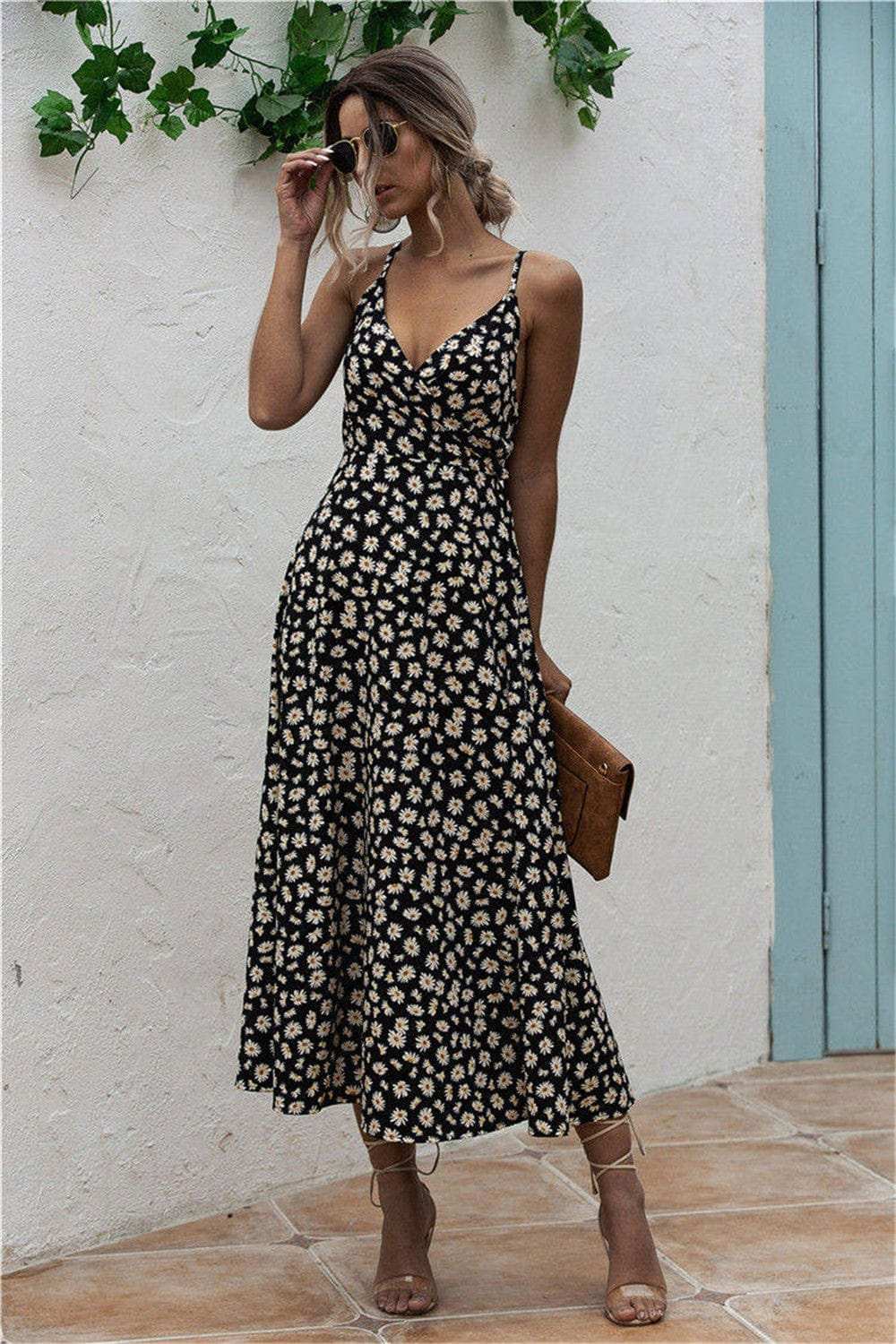 Daisy Print Surplice Midi Cami Dress - Trendsi - Flyclothing LLC
