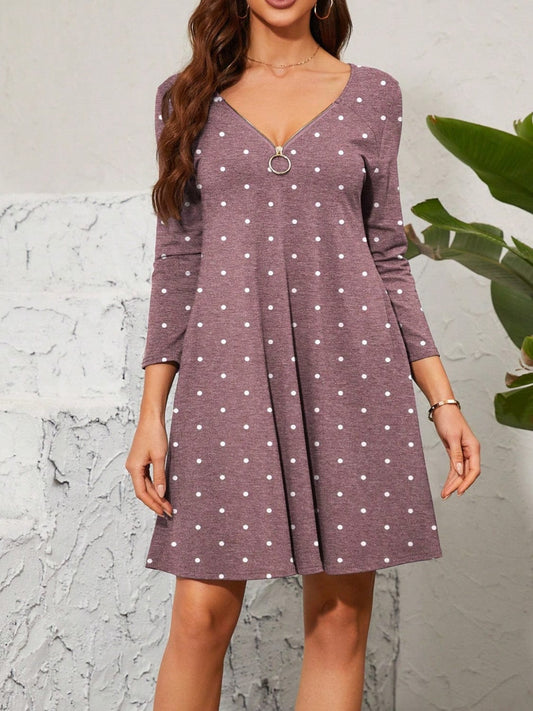 Polka Dot Quarter Zip Long Sleeve Dress - Trendsi
